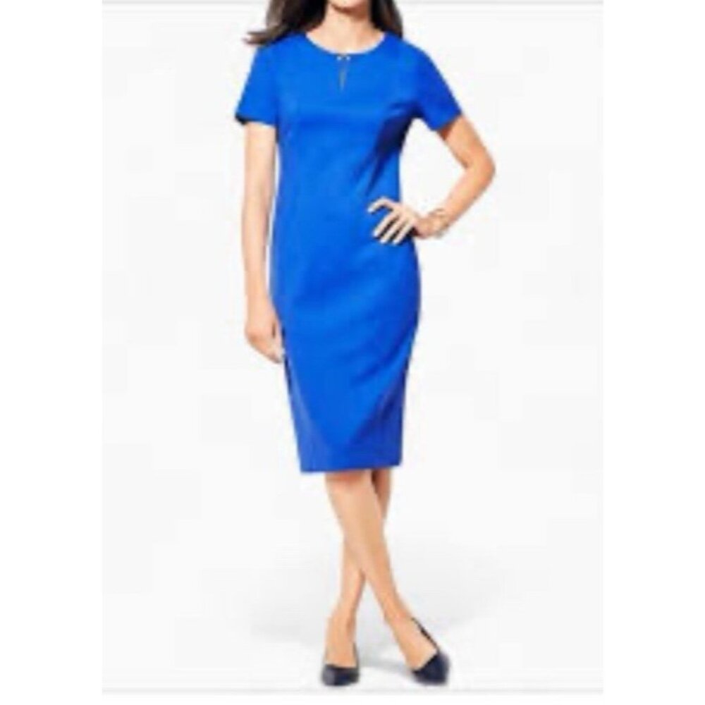Talbots Sheath Dress 14WP 14 W P Blue Ponte Stretch Short Sleeve Faux Pearl Trim